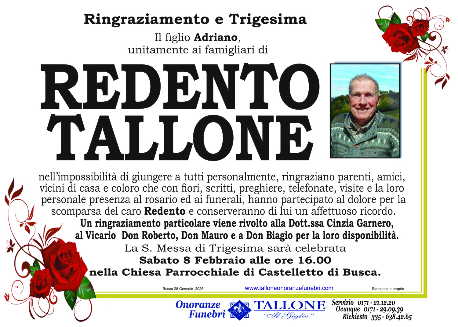 <br />
<b>Warning</b>:  Undefined variable $info in <b>/home/tallone/public_html/ringraziamenti.php</b> on line <b>68</b><br />
Redento Tallone
